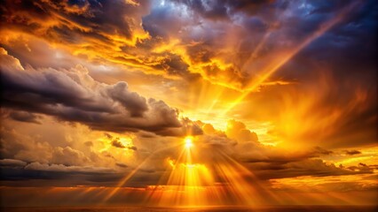 Obraz premium Golden sunrise radiates light through the darkness of a stormy night sky with vibrant orange hues and yellow rays stretching across the horizon, golden light, orange hue