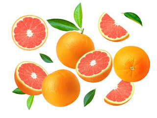 Set of grapefruit with leaf on transparent background.
