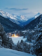 Snowy Mountain Valley with Trees