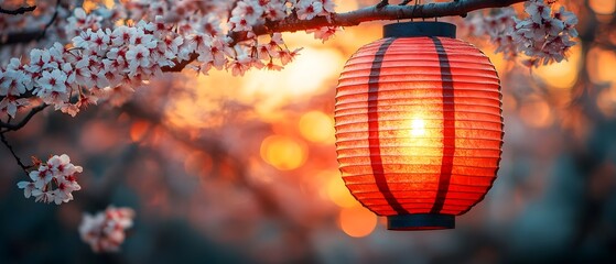 Red and gold lanterns glow warmly at dusk, surrounded by cherry blossoms in full bloom, evoking festive Chinese New Year vibes, perfect for celebration designs or auspicious decorations.