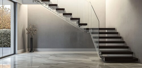 Luxurious villa hall with floating stairs and marble flooring.