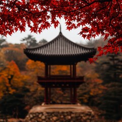 Obraz premium Serene Autumn Pavilion Red Maple Leaves Asian Architecture Temple Fall Foliage Nature