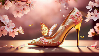 Obraz premium Shoe designed with cherry blossoms and butterflies - 벚꽃과 나비로 디자인한 구두