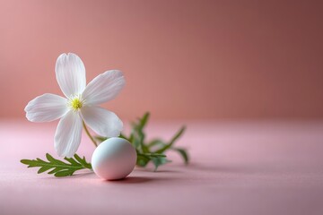 Minimalist Pastel Composition Featuring White Egg and Flower Against Soft Pink Background for Easter and Chinese New Year Celebrations