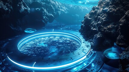 A futuristic underwater scene featuring a circular enclosed aquarium with clear waters and rocky structures adorned with colorful coral and marine plants