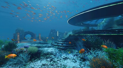 A futuristic underwater scene featuring a circular enclosed aquarium with clear waters and rocky structures adorned with colorful coral and marine plants