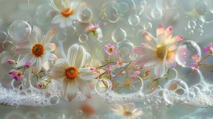 A soft, pastel-colored scene featuring white daisies and spherical pom-pom flowers against a beige background