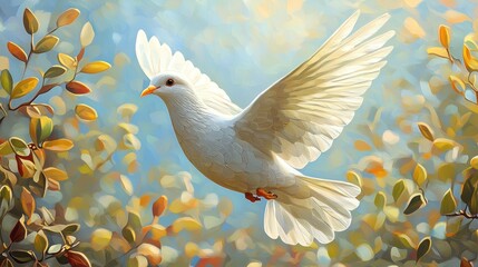 Obraz premium A dove in flight among colorful foliage.
