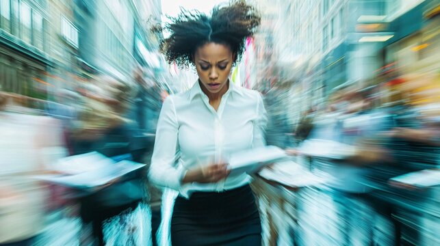 A composed professional expertly manages multiple tasks in a corporate environment, demonstrating resilience and grace under pressure.