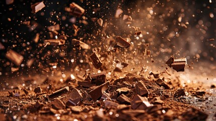 Chunks of milk chocolate and cocoa powder explode against a dark background