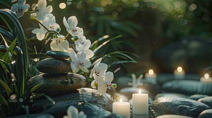 A serene spa scene featuring a stack of smooth grey stones with white orchids balanced on top