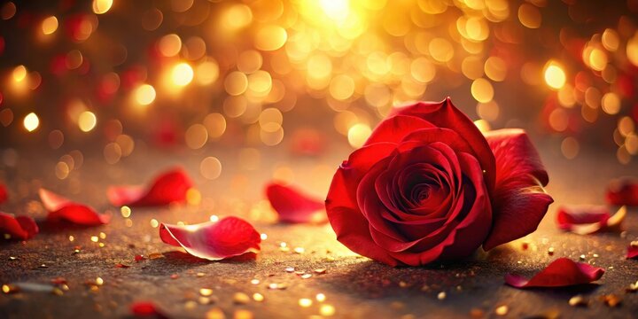 Softly falling red rose petals in a romantic background with warm golden lighting and subtle texture , romantic atmosphere, love gesture