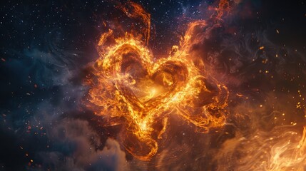 A vibrant image of a heart-shaped fire, with glowing orange flames on a dark smoky background