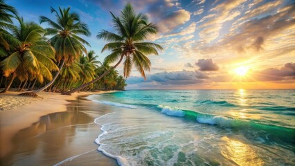 Soft golden light shines on turquoise waves gently lapping at the shore of a tranquil beach with swaying palm trees and powdery white sand, ocean, sandy beach