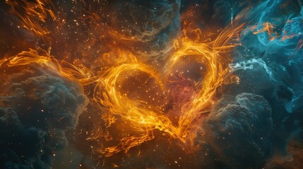 A vibrant image of a heart-shaped fire, with glowing orange flames on a dark smoky background