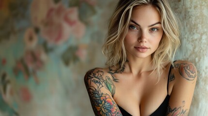 Naklejka premium Beautiful woman with colorful tattoos on her arms, wearing a chic black dress, posing confidently in front of a neutral backdrop with soft lighting.