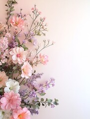 Obraz premium Elegant pastel floral arrangement with vibrant yet muted blooms in shades of pink lavender and subtle greens meticulously composed in a natural