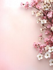 Obraz premium Soft pastel gradient background with a textured noise overlay featuring a delicate and contemporary floral arrangement in shades of pink and white