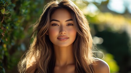 Naklejka premium Beautiful woman with long, flowing hair, natural makeup, and a soft smile in a sunny outdoor setting.