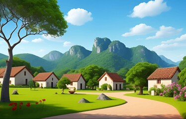 Beautiful and colorful illustration of a village with trees, flowers and peaceful sky, landscape, countryside, serene, tranquil, vibrant