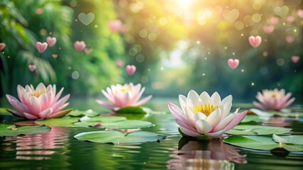 Delicate water lily flowers floating on serene lake surface with soft pink hearts overlay, surrounded by lush greenery, romantic atmosphere, nature scenery