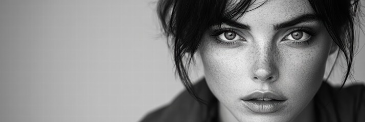 Black and white close-up portrait of a woman with intense eyes, wearing a stylish outfit, set against a plain backdrop.