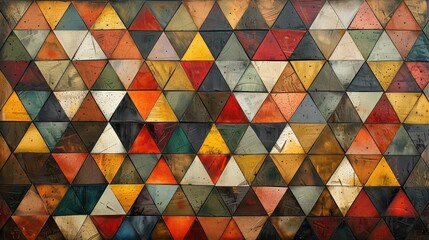 A vibrant geometric pattern of colorful triangles arranged in a mosaic design.