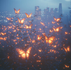 Glowing blue, orange and white buttterfliers emerge from muted tones los angeles city and nature...