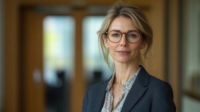 Businesswoman in a tailored blazer and blouse, standing in front of a conference room door, ready for a presentation.