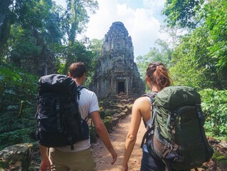 Backpackers exploring ancient ruins in a foreign country immersing themselves in local culture and history amidst lush surroundings