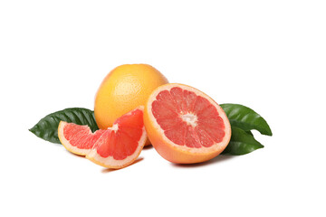 PNG, Ripe sliced and whole grapefruits and leaves, isolated on white background