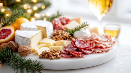 Festive cheese and charcuterie board with walnuts, grapes, and champagne.
