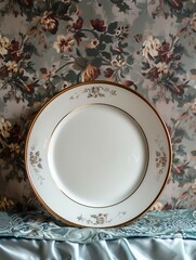 Elegant porcelain plate with floral design against a vintage backdrop, perfect for classic decor and dining settings.
