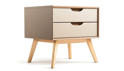Trendy light brown nightstand with wooden legs, isolated on white,