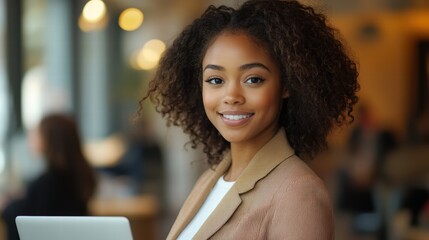 Fototapeta premium Confident woman in business attire, smiling while holding a laptop in a modern office environment.