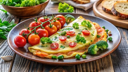 Crispy fried omelette with melted cheese and fresh tomatoes on a plate, surrounded by steamed vegetables for a balanced breakfast, morning meal, food
