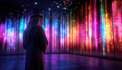 A person admiring vibrant lights in a modern art installation.