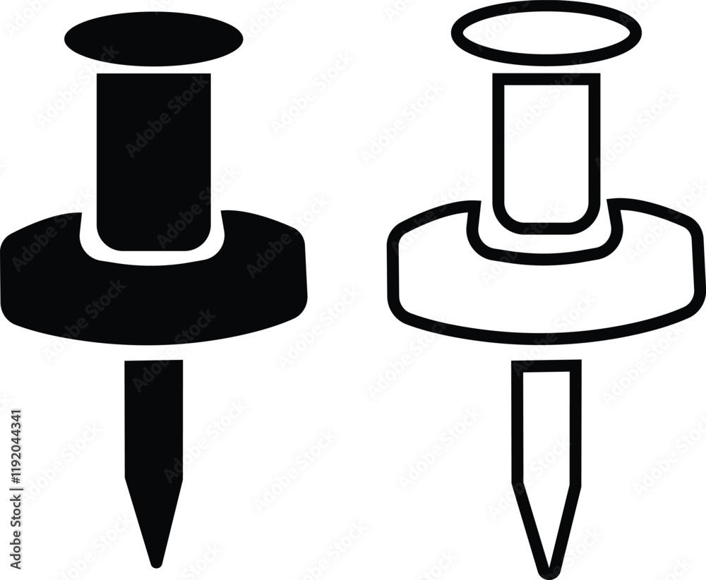 Poster push pin icons set in flat and outline styles. thumbtack for note attach. paperclip symbols. a needl