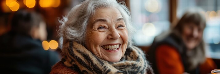 Obraz premium Elderly woman with white hair, wearing a scarf, laughing and smiling at a family gathering, with loved ones around her.