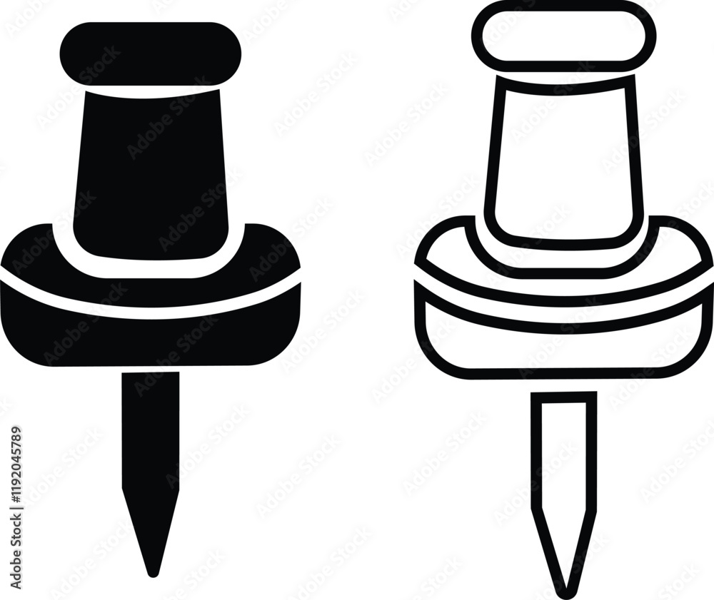 Poster push pin icons set in flat and outline styles. thumbtack for note attach. paperclip symbols. a needl