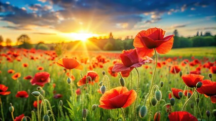 A lush green meadow filled with vibrant red poppies swaying gently in the breeze on a warm sunny day, golden hour