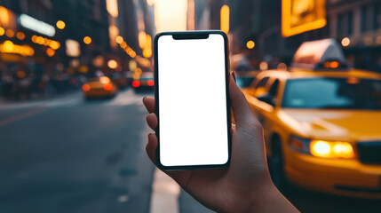 Evening landscape of a big city with a taxi car. A mockup of a stylish modern phone in a woman's hand. A young woman holds a white-screen phone