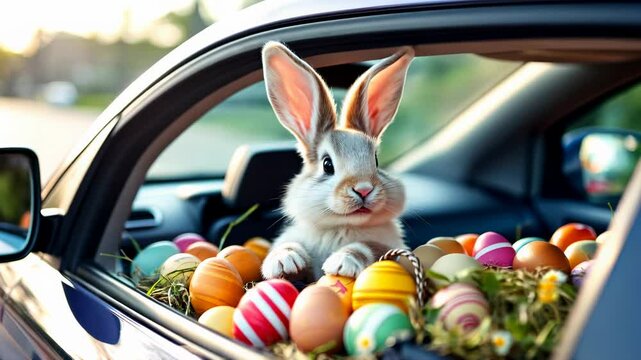 A cheerful Easter bunny wearing sunglasses, surrounded by colorful Easter eggs, sitting in a car trunk. Bright and joyful springtime scene celebrating Easter traditions