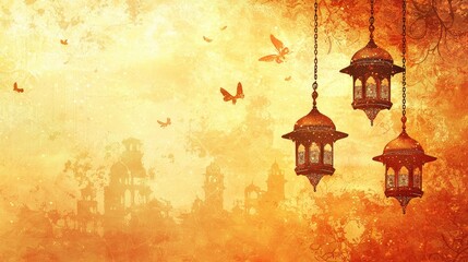 Golden lanterns hanging, autumnal city background, fantasy design, ideal for festive greetings
