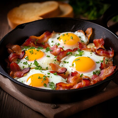 Fried Bacon and Eggs Morning Delight, a vibrant breakfast scene capturing sizzling bacon and eggs in a pan with golden oil, bright daylight ambiance