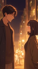 Anime couple on a street corner at night: A loving moment as the man with black hair smiles at his worried but happy girlfriend, who wears a brown bob cut and grey shirt.

