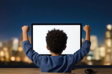 online learning concept. A student celebrating in front of a glowing computer, with a certification displayed on the screen, symbolizing achievement