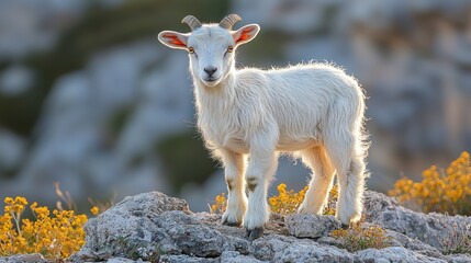 Fototapeta premium A young goat standing on rocky terrain with flowers.