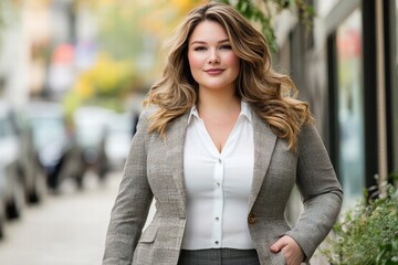 Fototapeta premium Full-figured woman in a tailored blazer, walking confidently in an urban environment with a positive and empowering look.