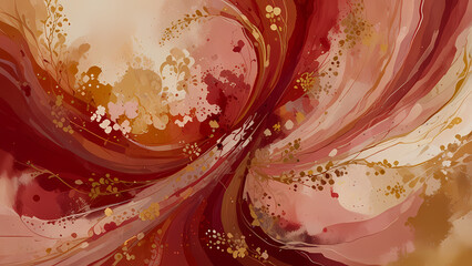 A romantic abstract illustration with swirling patterns in shades of red, blush, and gold, evoking a warm and intimate feeling, complemented by subtle floral motifs blending seamlessly